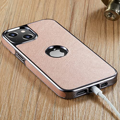 MOHEYO Logo View Compatible with iPhone 13 Case Slim Premium Vegan Leather Classic Luxury Elegant Thin Cover (2021) 6.1" (Rose Gold)