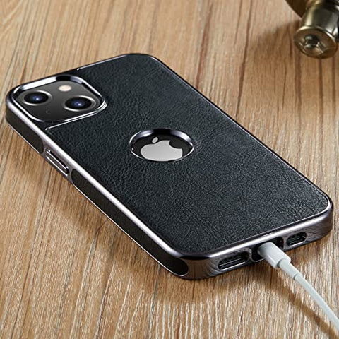 MOHEYO Logo View Compatible with iPhone 13 Case Slim Premium Vegan Leather Classic Luxury Elegant Thin Cover (2021) 6.1"