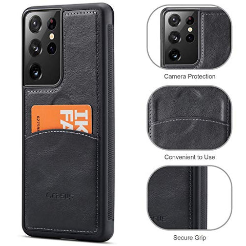 MOHEYO Compatible with Samsung Galaxy S21 Ultra Back Wallet Card Holder Slot Case with Side Grip PU Leather Slim Thin Cover