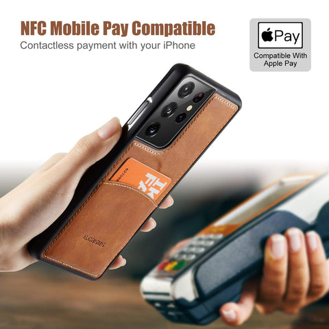 MOHEYO Compatible with Samsung Galaxy S21 Ultra Back Wallet Card Holder Slot Case with Side Grip PU Leather Slim Thin Cover
