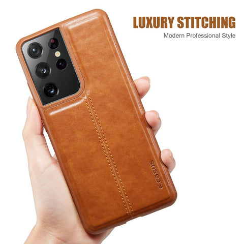 MOHEYO Slim Thin Vegan Leather Case Luxury Classic Cover Compatible with Samsung Galaxy S21 Ultra 5G (Brown)