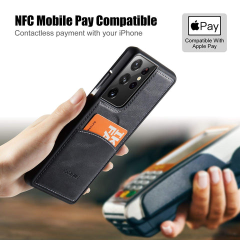 MOHEYO Compatible with Samsung Galaxy S21 Ultra Back Wallet Card Holder Slot Case with Side Grip PU Leather Slim Thin Cover
