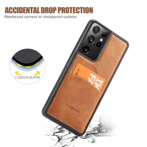 MOHEYO Compatible with Samsung Galaxy S21 Ultra Back Wallet Card Holder Slot Case with Side Grip PU Leather Slim Thin Cover