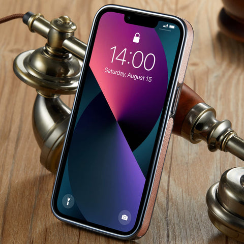 MOHEYO Logo View Compatible with iPhone 13 Case Slim Premium Vegan Leather Classic Luxury Elegant Thin Cover (2021) 6.1" (Rose Gold)