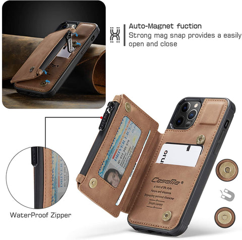 Leather Wallet with Zipper Magnetic Flip Cover Card Holder Case for iPhone 12 mini