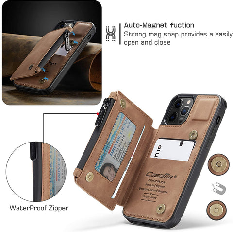 Leather Wallet with Zipper Magnetic Flip Cover Card Holder Case for iPhone 12 | iPhone 12 Pro