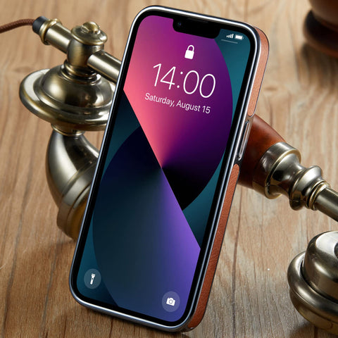 MOHEYO Logo View Compatible with iPhone 13 Case Slim Premium Vegan Leather Classic Luxury Elegant Thin Cover (2021) 6.1"