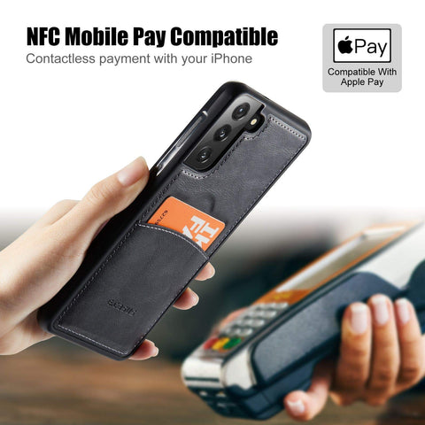 MOHEYO Compatible with Samsung Galaxy S21 Back Wallet Card Holder Slot Case with Side Grip PU Leather Slim Thin Cover