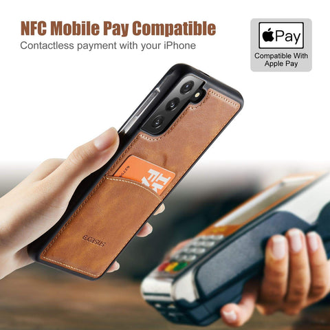 MOHEYO Compatible with Samsung Galaxy S21 Plus Back Wallet Card Holder Slot Case with Side Grip PU Leather Slim Thin Cover