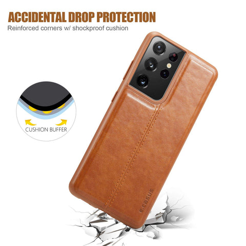MOHEYO Slim Thin Vegan Leather Case Luxury Classic Cover Compatible with Samsung Galaxy S21 Ultra 5G (Brown)