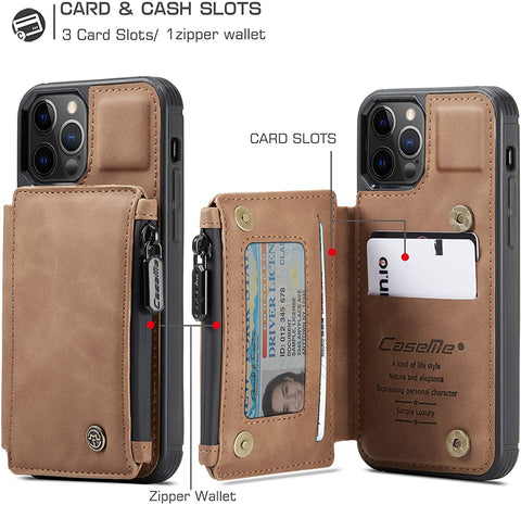 Leather Wallet with Zipper Magnetic Flip Cover Card Holder Case for iPhone 12 Pro Max