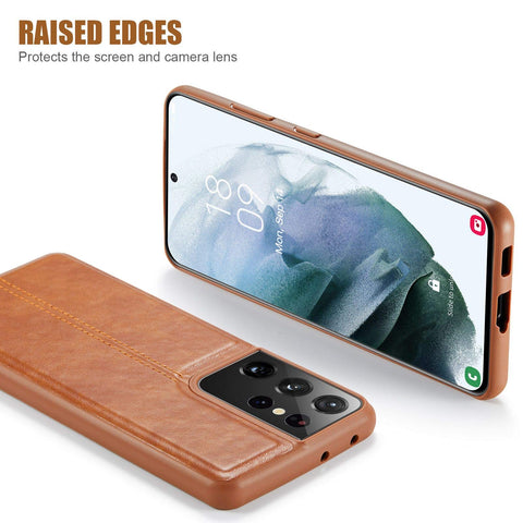 MOHEYO Slim Thin Vegan Leather Case Luxury Classic Cover Compatible with Samsung Galaxy S21 Ultra 5G (Brown)