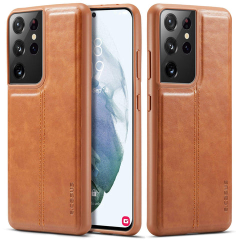 MOHEYO Slim Thin Vegan Leather Case Luxury Classic Cover Compatible with Samsung Galaxy S21 Ultra 5G (Brown)