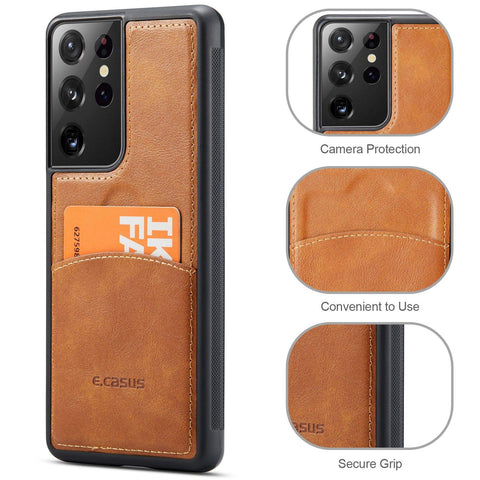 MOHEYO Compatible with Samsung Galaxy S21 Ultra Back Wallet Card Holder Slot Case with Side Grip PU Leather Slim Thin Cover
