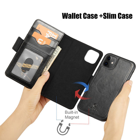 iPhone 11 Case Leather Wallet Luxury Magnetic Removable Cover